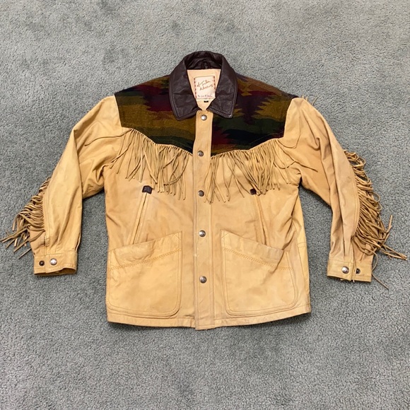 M Julian Adventures Other - Vintage 80s 90s western fringe distressed leather jacket with Aztec print yoke